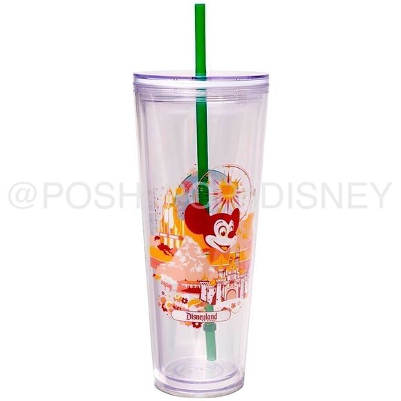 CLEAR Disneyland Starbucks Tumbler with Green Straw Mickey Mouse & Attractions - Picture 1 of 2
